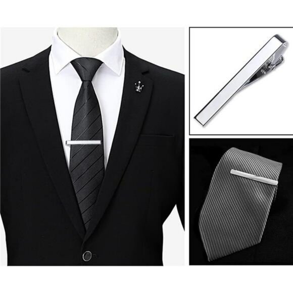 Mens Tie Clip Set Gold Silver Black Necktie Bar Pinch Clips Formal Accessories - Picture 4 of 8
